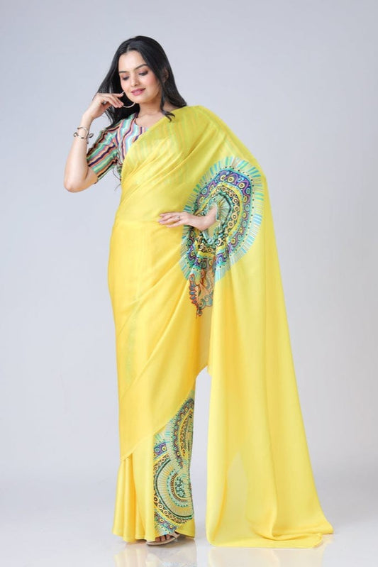 Free Hand Stylish Satin Georgette Saree