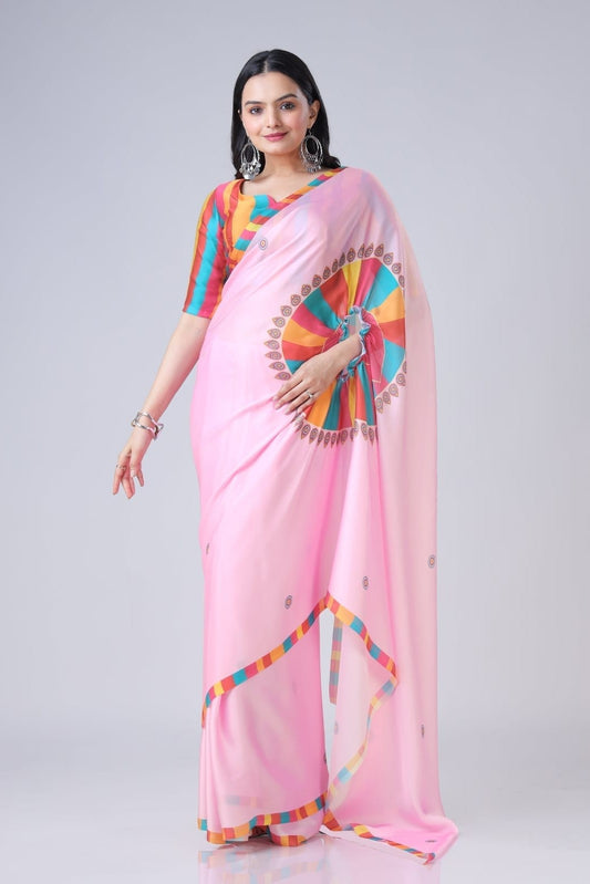 Free Hand Stylish Satin Georgette Saree